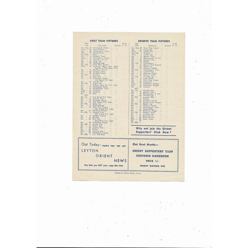1956/57 Leyton Orient v Nottingham Forest Football Programme