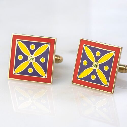 Cufflinks. The Persian Cross. Multi-coloured Cross with 1 Central Green stone. Original Pattern.