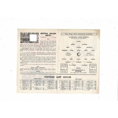 Manchester United v Wolves Central League Football Programme 1964/65