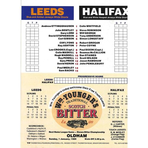 1988/89 Leeds v Halifax (26/12/1988) Rugby League Programme