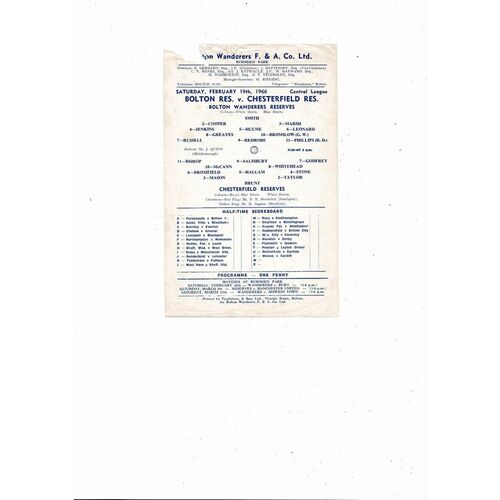 Bolton Wanderers v Chesterfield Central League Football Programme 1965/66