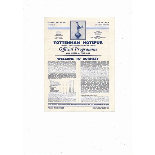 1959/60 Tottenham Hotspur v Burnley Programme - Burnley Championship Season