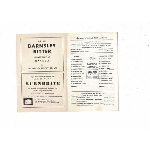 Barnsley v Newcastle United Barrie Thomas Testimonial Football Programme 1968/69