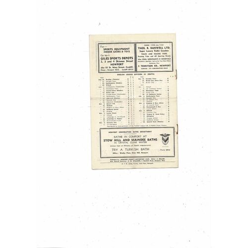 1953/54 Newport County v Swindon Town Football Programme