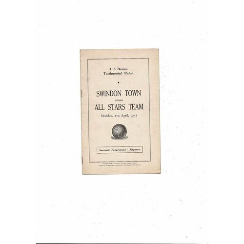 Swindon Town v All Stars Team A.S Davies Testimonial Football Programme 1957/58