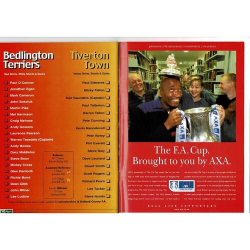1999 Bedlington Terriers v Tiverton Town FA Vase Final Football Programme + Ticket & Press Cutting