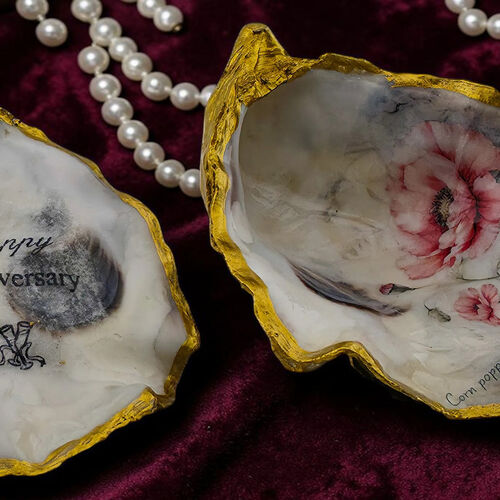 Handcrafted Oyster Shell Keepsake Box Corn Poppy Decoupage