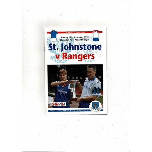 1992/93 St Johnstone v Rangers Scottish League Cup Semi Final Football Programme