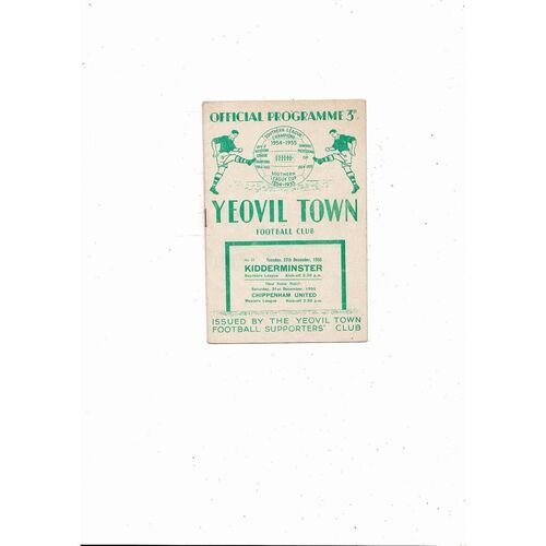 1955/56 Yeovil Town v Kidderminster Southern League Football Programme