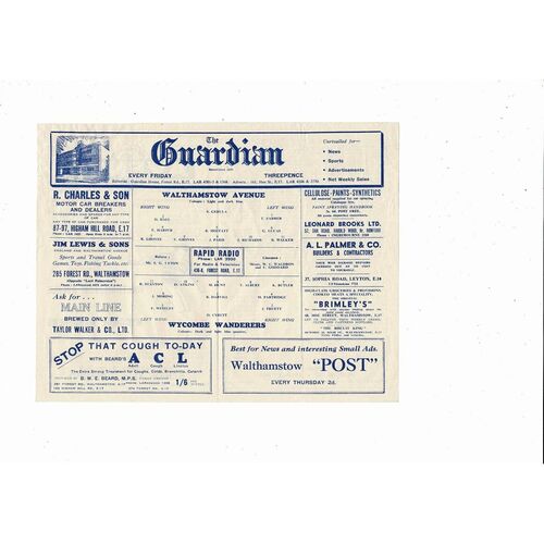 1953/54 Walthamstow Avenue v Wycombe Wanderers Isthmian League Football Programme
