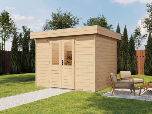 3.0mtr x 2.4mtr 28mm walled Flat Roof Cabin