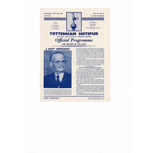 1959/60 Tottenham Hotspur v Nottingham Forest Football Programme
