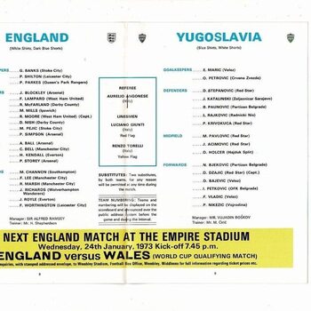 1972 England v Yugoslavia Football Programme