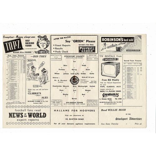 1958/59 Stockport County v Swindon Town Football Programme