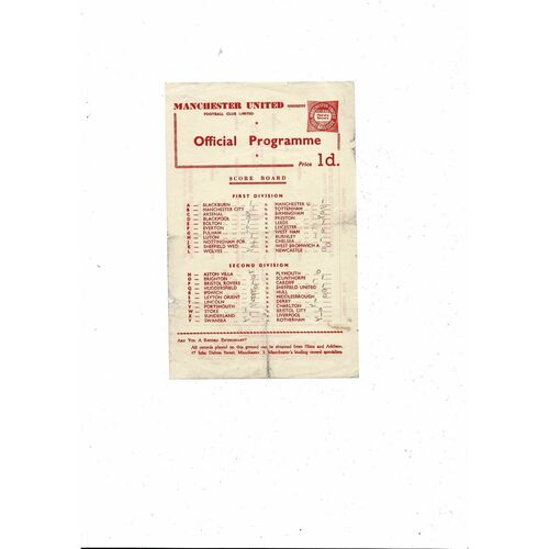 Manchester United v Huddersfield Town Reserves Football Programme 1959/60