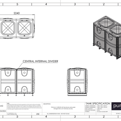 PW.2X1X1.5.IFB.DIV.AG(1+1) - 3000 LITRE DIVIDED SECTIONAL WATER TANK, INTERNALLY FLANGED BASE (IFB)