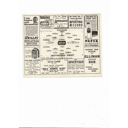 1946/47 Fulham v Nottingham Forest Football Programme