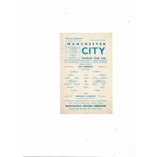 Manchester City v Barnsley Central League Football Programme 1962/63