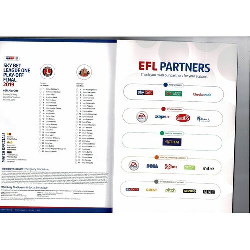 2019 Charlton Athletic v Sunderland Play Off Final League 1 Football Programme