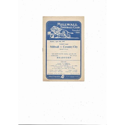 1958/59 Millwall v Coventry City Football Programme