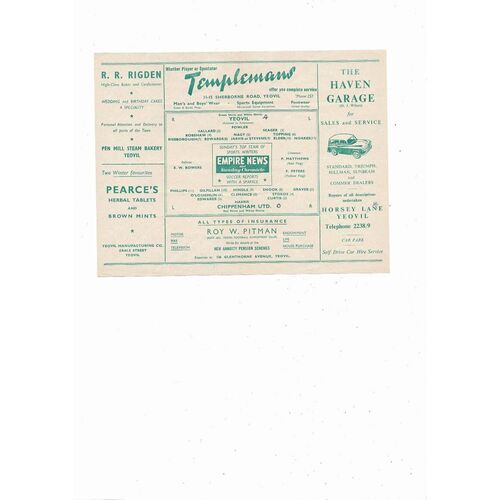 Yeovil Town v Chippenham Western League Football Programmes 1957/58