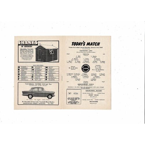 1958/59 Coventry City v Shrewsbury Town Football Programme