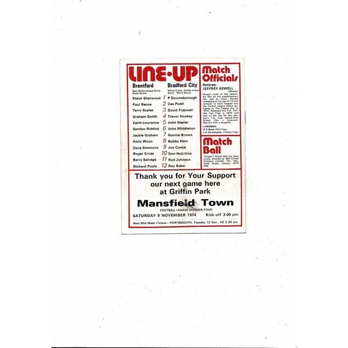 1974/75 Brentford v Bradford City Football Programme