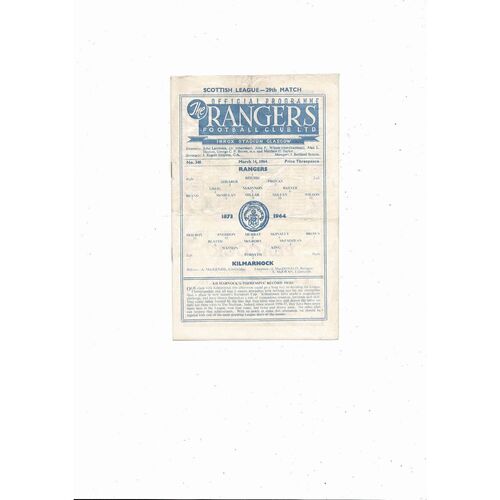 1963/64 Rangers v Kilmarnock Football Programme