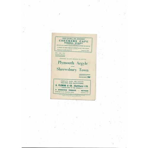 1951/52 Plymouth Argyle v Shrewsbury Town Football Programme