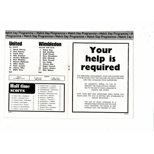 1974/75 Leeds United v Wimbledon FA Cup Football Programme