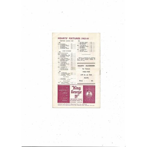 Hearts v Dunfermline Athletic Friendly Football Programme 1963/64
