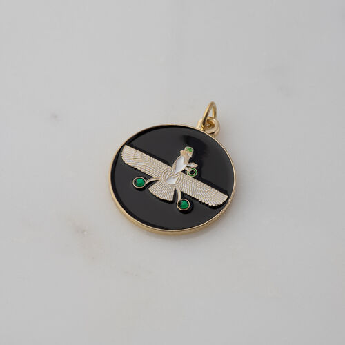 Round Pendant. Persian Farvahar with Two Green Stones.