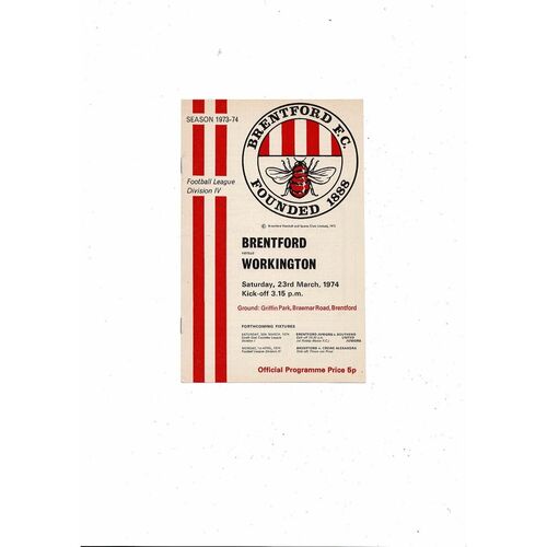1973/74 Brentford v Workington Football Programme