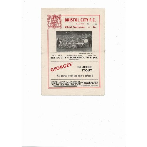 1954/55 Bristol City v Bournemouth Football Programme
