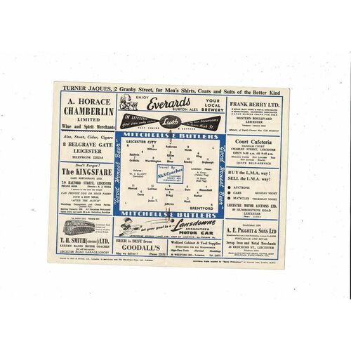 1952/53 Leicester City v Brentford Football Programme