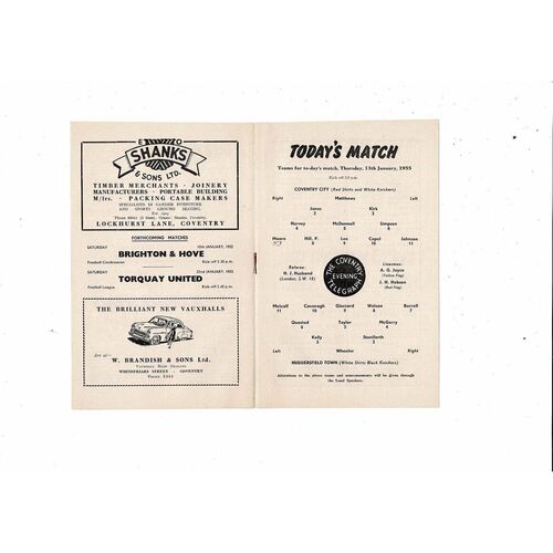 1954/55 Coventry City v Huddersfield Town Football Programme