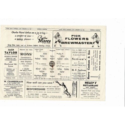 1959/60 Luton Town v Blackburn Rovers Football Programme