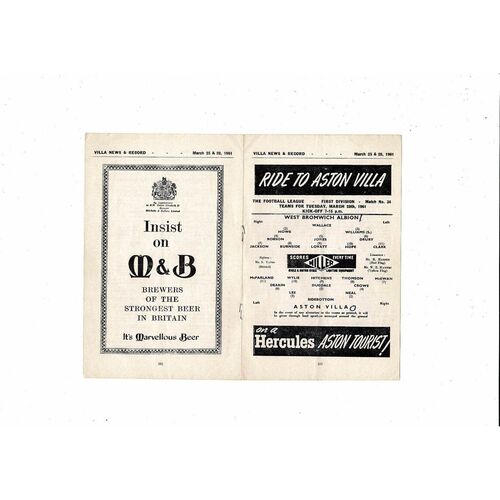 1960/61 Aston Villa v West Bromwich Albion & Preston Reserves Double Football Programme