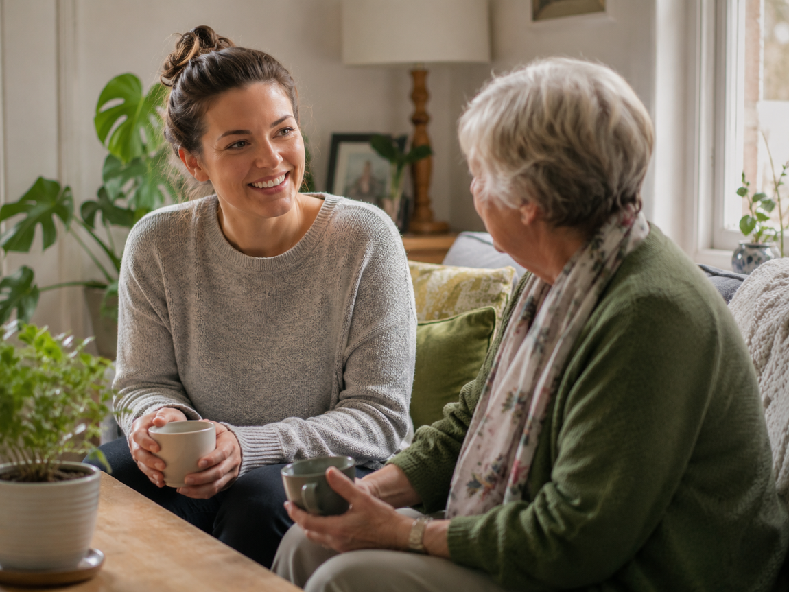 Plain-clothed support worker and older woman sitting together with cups of tea, sharing a warm conversation during a companionship visit at home.