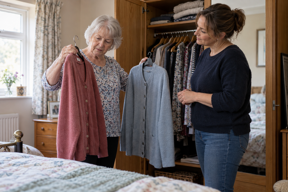 An older woman choosing a cardigan with support from a Personal Assistant.