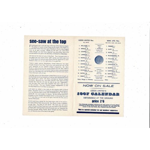 Leeds United v Manchester United Central League Football Programme 1966/67 19th December