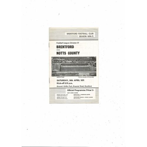 1970/71 Brentford v Notts County Football Programme