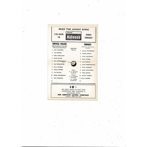 Crystal Palace v Burnley Friendly Football Programme 1967/68