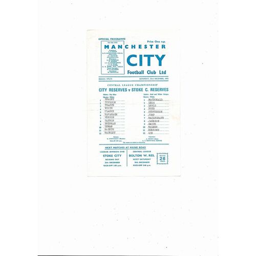 Manchester City v Stoke City Central League Football Programme 1972/73