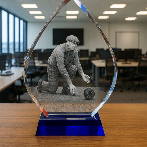 The Mega Plus 250mm Tall, Blue Base, Presentation Crystal/Trophy