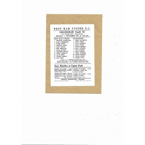 West Ham United v Gillingham FA Youth Cup Football Programme 1977/78