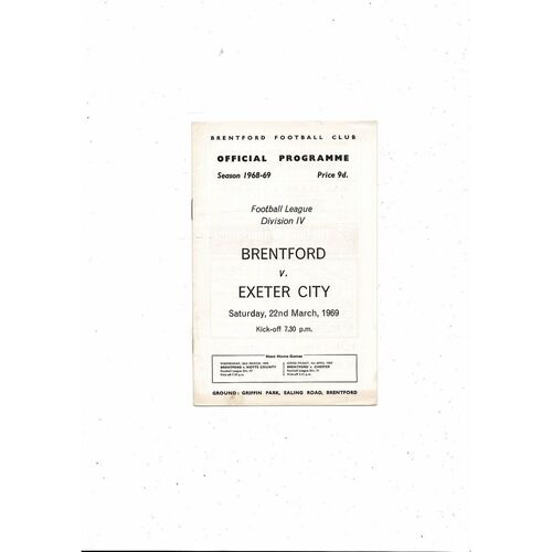 1968/69 Brentford v Exeter City Football Programme