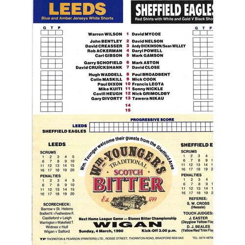 1989/90 Leeds v Sheffield Eagles (18/02/1990) Rugby League Programme