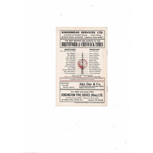 1972/73 Brentford v Wrexham Football Programme