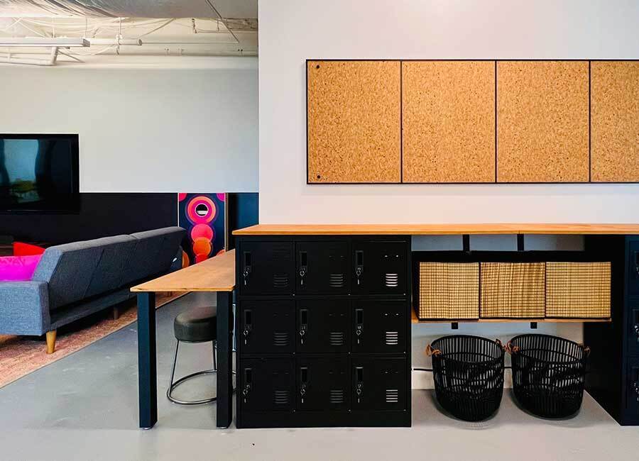 Office Design Dallas Breakout Space Lockers Cork Boards Corporate Brand